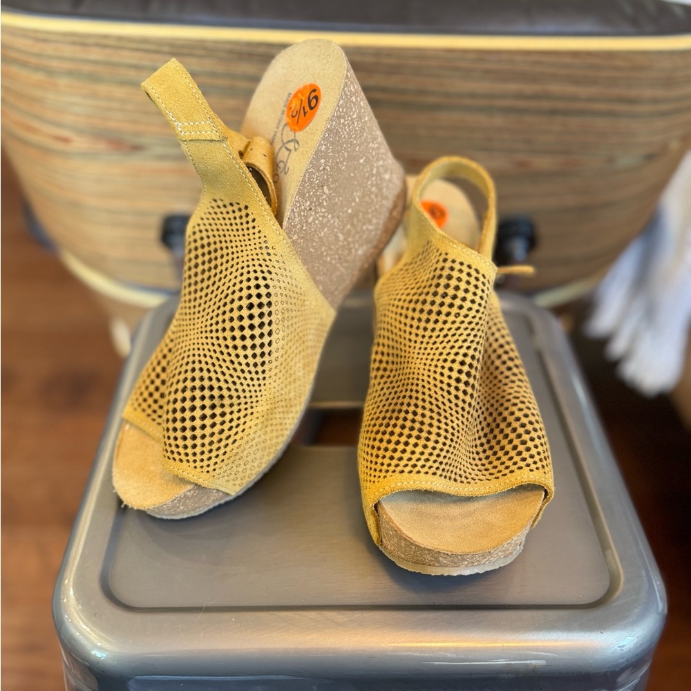 Mustard Yellow Leather Mesh Open-Toe Wedge Sandals